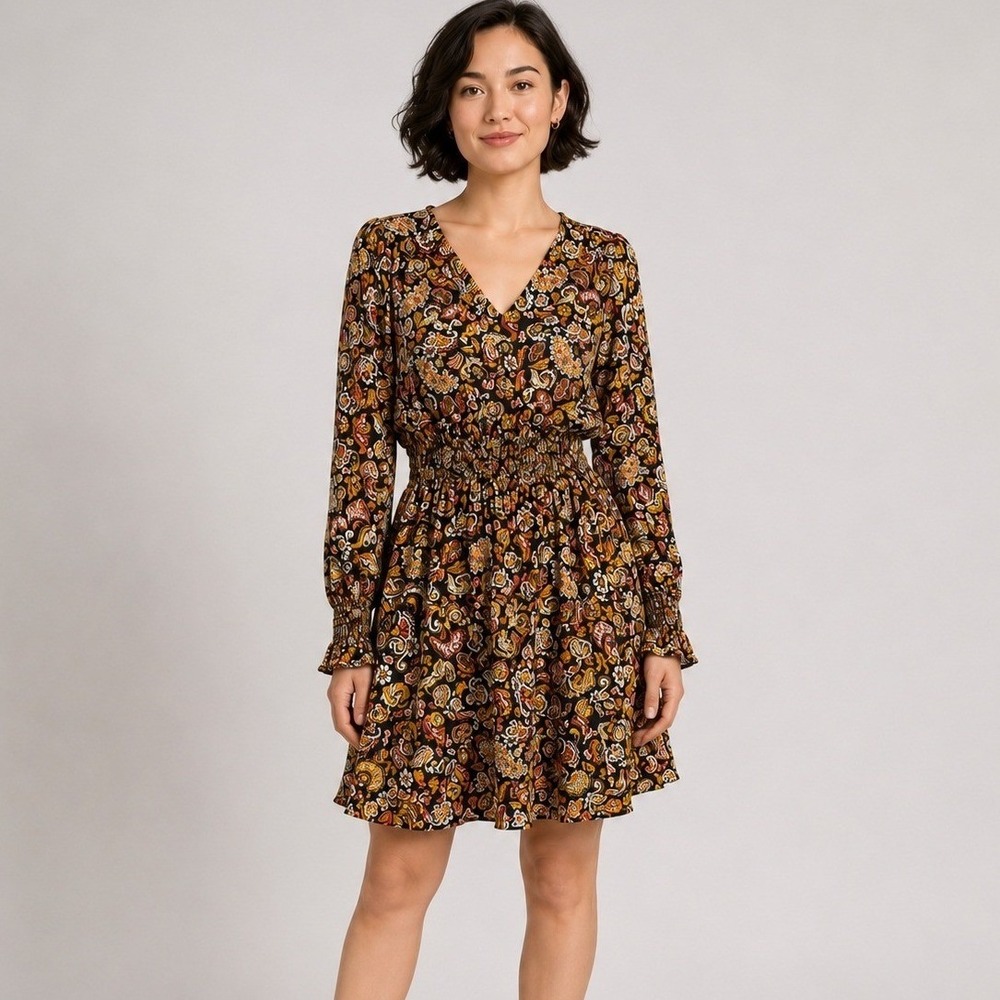 BB Dakota by Steve Madden Paisley Floral Smocked Mini Dress Small Orange Black